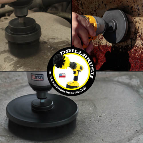 Action shots of an Ultra Stiff Black 2 inch Short Drillbrush cleaning an engine block, an Ultra Stiff Black 4 inch Drillbrush cleaning a grill burner shield, and an Ultra Stiff 5 inch Drillbrush cleaning a concrete floor.