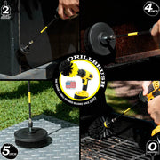Action shots of an Ultra Stiff Black Original brush in a 7 inch extension cleaning grill grates, an Ultra Stiff Black 2 inch Short Drillbrush in a 7 inch extension cleaning the body of grill, an Ultra Stiff Black 4 inch Drillbrush in a 7 inch extension cleaning the hood of a grill, and an Ultra Stiff 5 inch Drillbrush in a 7 inch extension cleaning diamond plating.