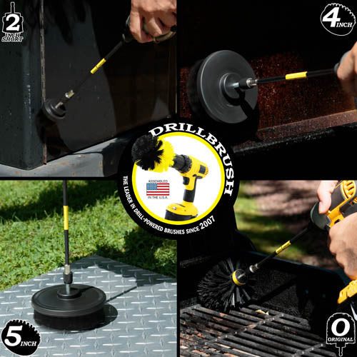 Action shots of an Ultra Stiff Black Original brush in a 7 inch extension cleaning grill grates, an Ultra Stiff Black 2 inch Short Drillbrush in a 7 inch extension cleaning the body of grill, an Ultra Stiff Black 4 inch Drillbrush in a 7 inch extension cleaning the hood of a grill, and an Ultra Stiff 5 inch Drillbrush in a 7 inch extension cleaning diamond plating.