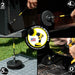 Action shots of an Ultra Stiff Black Original brush in a 7 inch extension cleaning grill grates, an Ultra Stiff Black 2 inch Short Drillbrush in a 7 inch extension cleaning the body of grill, an Ultra Stiff Black 4 inch Drillbrush in a 7 inch extension cleaning the hood of a grill, and an Ultra Stiff 5 inch Drillbrush in a 7 inch extension cleaning diamond plating.