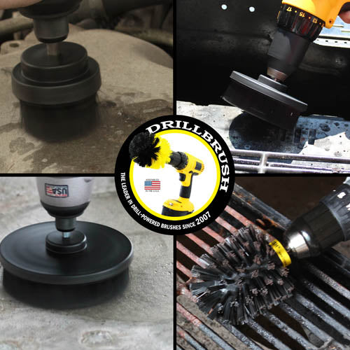 Action shots of an Ultra Stiff Black Original brush cleaning grill grates, an Ultra Stiff Black 2 inch Short Drillbrush cleaning an engine block, an Ultra Stiff Black 4 inch Drillbrush cleaning a grill burner shield, and an Ultra Stiff 5 inch Drillbrush cleaning a concrete floor.