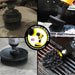 Action shots of an Ultra Stiff Black Original brush cleaning grill grates, an Ultra Stiff Black 2 inch Short Drillbrush cleaning an engine block, an Ultra Stiff Black 4 inch Drillbrush cleaning a grill burner shield, and an Ultra Stiff 5 inch Drillbrush cleaning a concrete floor.