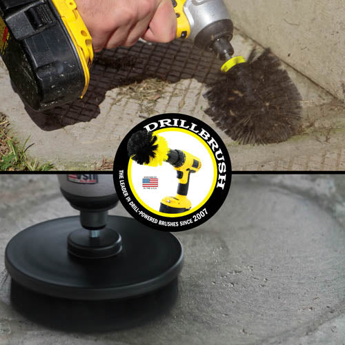 Action shots of an Ultra Stiff Black Original brush cleaning concrete and an Ultra Stiff 5 inch Drillbrush cleaning a concrete floor.