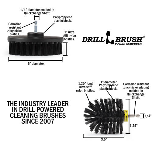 Specs for the Drillbrush 5O Ultra Stiff Black Grill & Industrial Brush Kit.