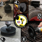 Action shots of an Ultra Stiff Black Original Jumbo brush cleaning a tractor tire, an Ultra Stiff Edge Drillbrush cleaning grill grates, , an Ultra Stiff Black 2 inch Short Drillbrush cleaning an engine block, an Ultra Stiff Black 4 inch Drillbrush cleaning a grill burner shield, and an Ultra Stiff 5 inch Drillbrush cleaning a concrete floor.