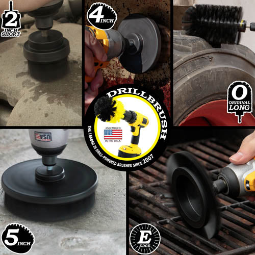 Action shots of an Ultra Stiff Black Original Jumbo brush cleaning a tractor tire, an Ultra Stiff Edge Drillbrush cleaning grill grates, , an Ultra Stiff Black 2 inch Short Drillbrush cleaning an engine block, an Ultra Stiff Black 4 inch Drillbrush cleaning a grill burner shield, and an Ultra Stiff 5 inch Drillbrush cleaning a concrete floor.