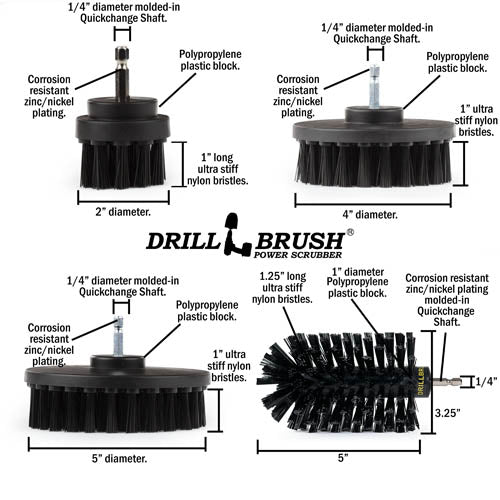 Specs for the Drillbrush E542J Ultra Stiff Black Grill & Industrial Brush Kit.