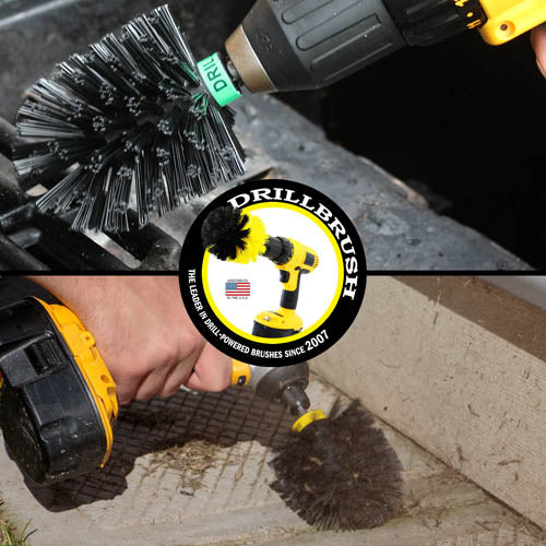 Action shots of an Ultra Stiff Black Original brush cleaning concrete and an Ultra Stiff Mini Drillbrush cleaning a burner shield.