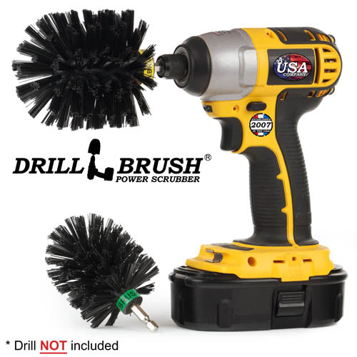 Drillbrush MO Ultra Stiff Black Grill & Industrial Brush Kit with an Original brush in a cordless drill.
