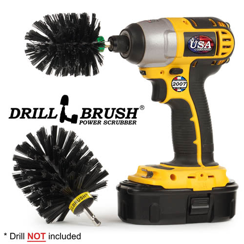 Drillbrush MO Ultra Stiff Black Grill & Industrial Brush Kit with a Mini brush in a cordless drill.