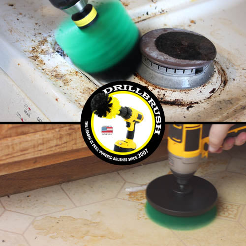 Action shots of a Medium Green Original brush cleaning around a burner and a Medium Green 5 inch Drillbrush cleaning linoleum flooring.