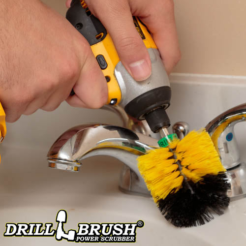 Drillbrush Mini Medium Yellow Bathroom Brush cleaning a sink fixture.