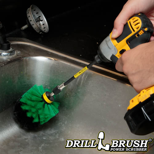 Drillbrush Original Medium Green Kitchen Brush in a 5 inch extension cleaning a sink.