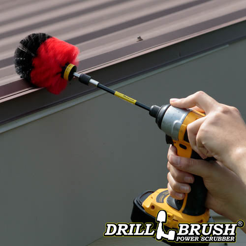 Drillbrush Original Stiff Red Outdoor & Patio Brush in a 5 inch extension cleaning a roof.