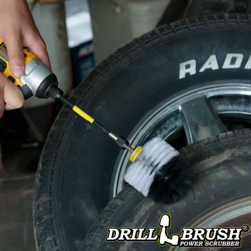 Drillbrush Original Soft White Home & Auto Brush in a 5 inch extension cleaning tires.