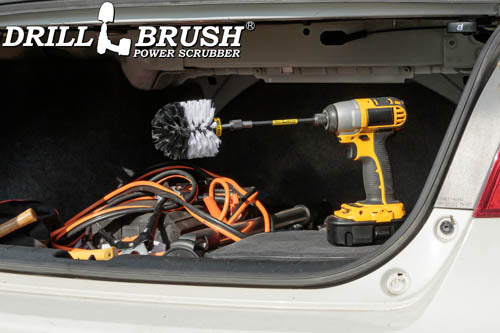 Drillbrush Original Soft White Home & Auto Brush in a 5 inch extension in a cordless drill in car trunk.