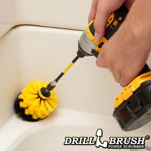 Drillbrush Original Medium Yellow Bathroom Brush in a 5 inch extension cleaning around a tub.