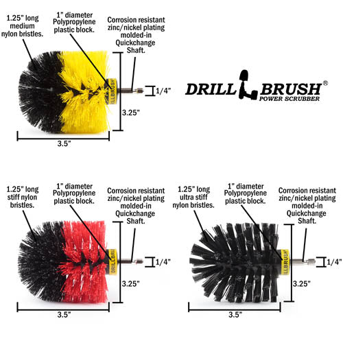 Specs for the Drillbrush Medium Yellow, Stiff Red and Ultra Stiff Black Original 3-piece Variety Brush Kit.