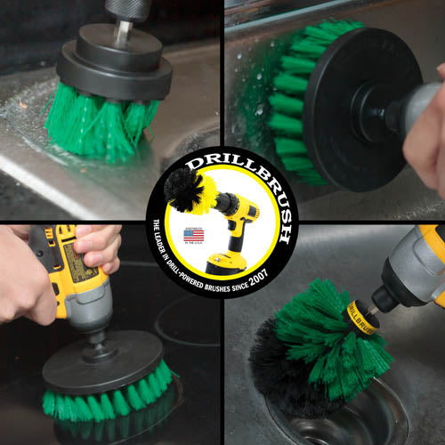 Action shots of a Medium Green Original brush cleaning the drain of a sink, a Medium Green 2 inch Short Drillbrush cleaning around a sink, a Medium Green 5 inch Drillbrush cleaning a stovetop, and a Medium Green 4 inch Drillbrush cleaning the side of a sink.