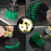 Action shots of a Medium Green Original brush cleaning the drain of a sink, a Medium Green 2 inch Short Drillbrush cleaning around a sink, a Medium Green 5 inch Drillbrush cleaning a stovetop, and a Medium Green 4 inch Drillbrush cleaning the side of a sink.