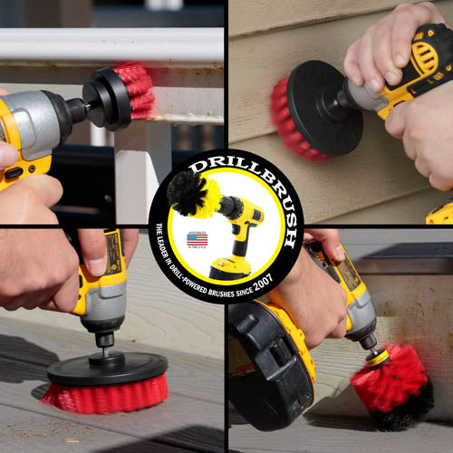 Action shots of a Stiff Red Original brush cleaning deck steps, a Stiff Red 2 inch Short Drillbrush cleaning an outdoor railing, a Stiff Red 4 inch Drillbrush cleaning vinyl siding, and a Stiff Red 5 inch cleaning a deck.