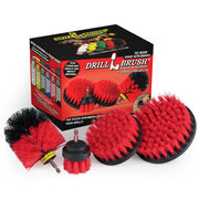 The Drillbrush 542O Red Stiff Outdoor & Patio Brush Kit in front of the box it comes in.