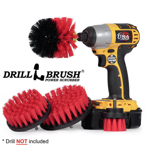 Drillbrush 542O Stiff Red Outdoor & Patio Brush Kit with an Original brush in a cordless drill.