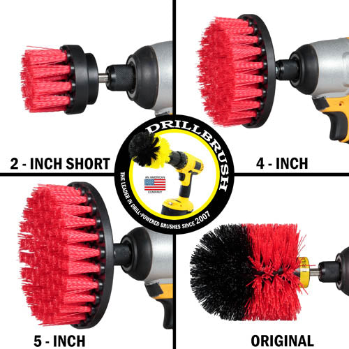 Images of the Drillbrush 2 inch Short, 4 inch, 5 inch and Original Stiff Red Outdoor & Patio Brushes in cordless drills.
