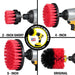 Images of the Drillbrush 2 inch Short, 4 inch, 5 inch and Original Stiff Red Outdoor & Patio Brushes in cordless drills.