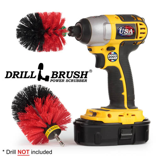 Drillbrush MO Stiff Red Outdoor & Patio Brush Kit with a Mini brush in a cordless drill.