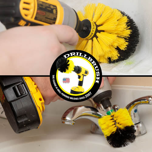 Action shots of a Medium Yellow Original brush cleaning a shower shelf and a Medium Yellow Mini Drillbrush cleaning a sink fixture.