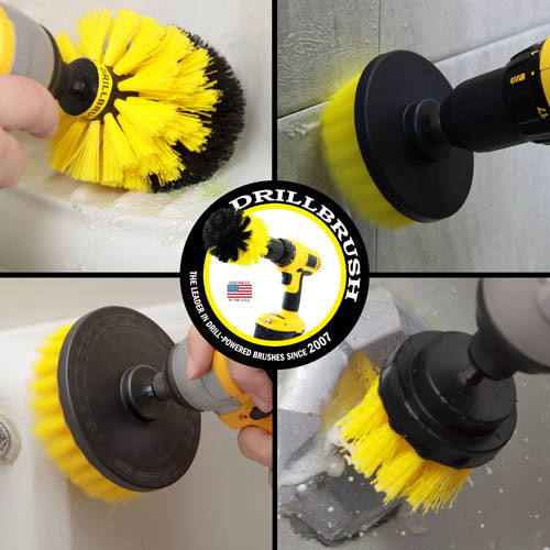 Action shots of a Medium Yellow Original brush cleaning a shower shelf, a Medium Yellow 2 inch Short Drillbrush cleaning an overflow plate, a Medium Yellow 4 inch Drillbrush cleaning tile grout, and a Medium Yellow 5 inch Drillbrush cleaning a tub wall.