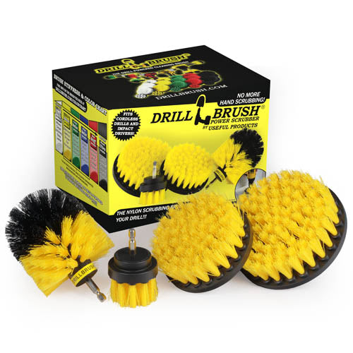 The Drillbrush 542O Medium Yellow Bathroom Brush Kit in front of the box it comes in.