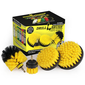 The Drillbrush 542O Medium Yellow Bathroom Brush Kit in front of the box it comes in.