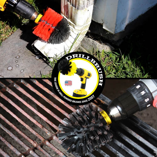 Action shots of a Stiff Red Original Drillbrush cleaning a waterspout and an Ultra Stiff Black Original Drillbrush cleaning grill grates.