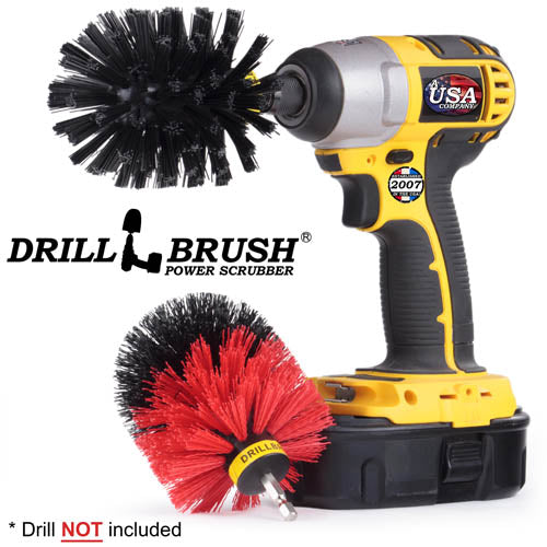 Drillbrush Stiff Red and Ultra Stiff Black Original 2-piece Variety Brush Kit with a Black Original brush in a cordless drill.