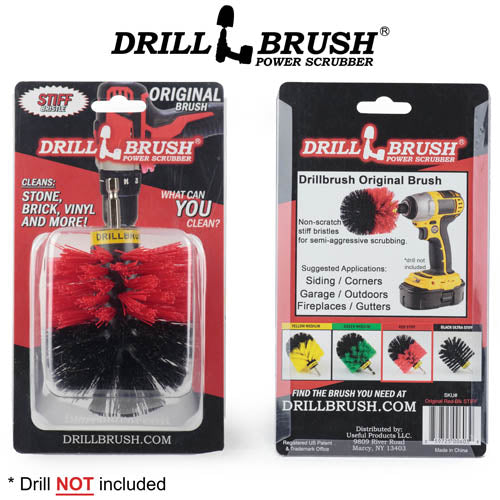 Drillbrush Original Stiff Red Outdoor & Patio Brush in it's blister packaging.