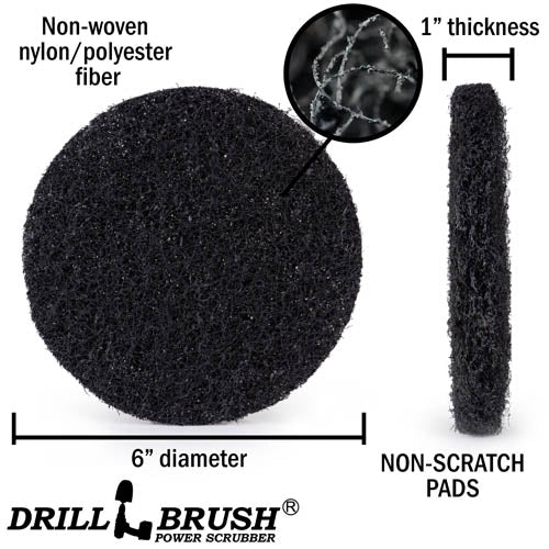 Specs for the Drillbrush Aggressive Black 6 inch Scrubbing Pad.