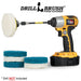 The Drillbrush 3 Soft White & 3 Stiff Blue 4 inch Scrubbing Pads and 5 inch extension Kit, with a white pad on a 3 inch backer attached to an extension in a cordless drill.