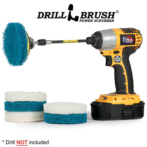 The Drillbrush 3 Soft White & 3 Stiff Blue 4 inch Scrubbing Pads and 5 inch extension Kit, with a red pad on a 3 inch backer attached to an extension in a cordless drill.