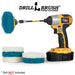 The Drillbrush 3 Soft White & 3 Stiff Blue 4 inch Scrubbing Pads and 5 inch extension Kit, with a red pad on a 3 inch backer attached to an extension in a cordless drill.