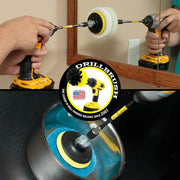 The Drillbrush White 4 inch Scrubbing Pads on a 3 inch backer attached to an extension in a cordless drill cleaning a bathroom cabinet mirror and the Drillbrush Stiff Blue 4 inch Scrubbing Pads on a 3 inch backer attached to an extension in a cordless drill cleaning a sauce pan.