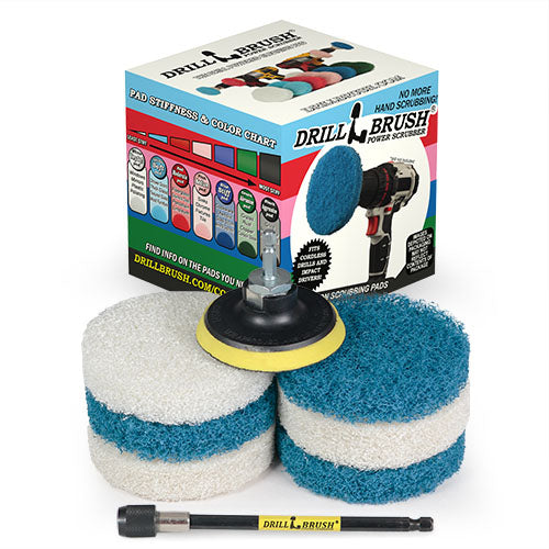 The Drillbrush 3 Soft White & 3 Stiff Blue 4 inch Scrubbing Pads and 5 inch extension Kit in front of the box it comes in.