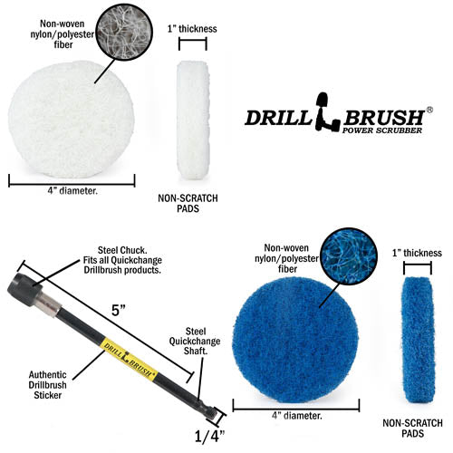 Specs for the Drillbrush 3 Soft White & 3 Stiff Blue 4 inch Scrubbing Pads and 5 inch extension Kit.