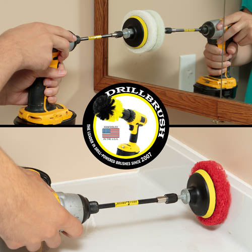The Drillbrush White 4 inch Scrubbing Pads on a 3 inch backer attached to an extension in a cordless drill cleaning a bathroom cabinet mirror and the Drillbrush Moderate Red 4 inch Scrubbing Pads on a 3 inch backer attached to an extension in a cordless drill cleaning the backsplash on a bathroom counter.