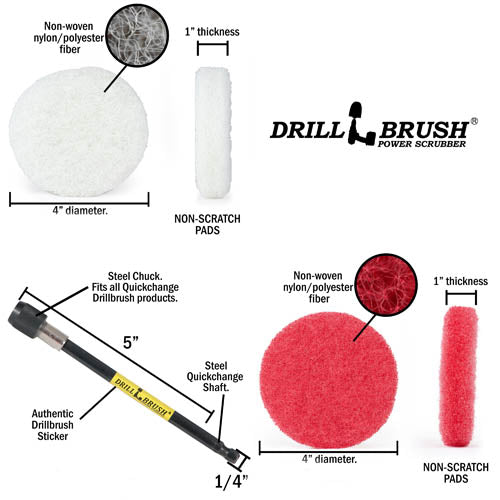 Specs for the Drillbrush 3 Soft White & 3 Moderate Red 4 inch Scrubbing Pads and 5 inch extension Kit.