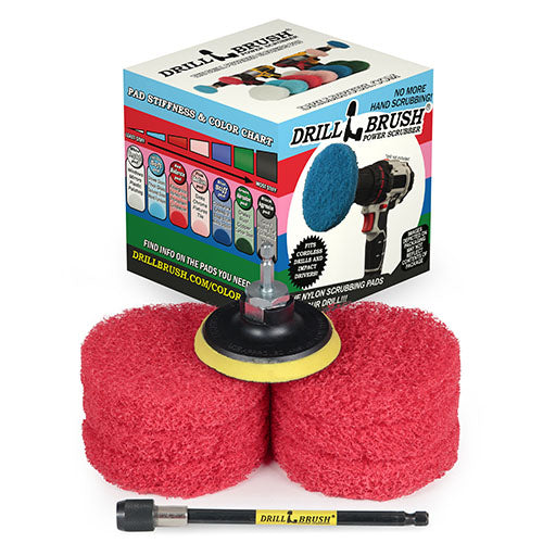 4in Red Scrubbing Pads w/ 5in Extension - Moderate Pads - Porcelain & Linoleum Cleaning | P4-4R-4V-5X-QC-DB