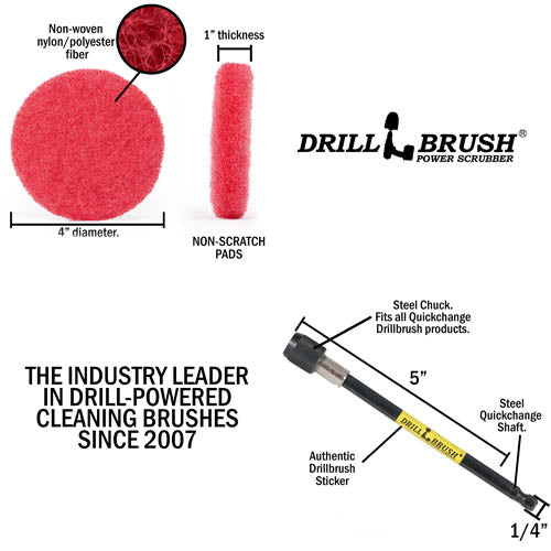 Specs for the Drillbrush 6 Moderate Red 4 inch Scrubbing Pads and 5 inch extension Kit.