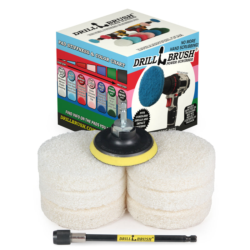 4in White Scrubbing Pads w/ 5in Extension - Soft - Glass & Wood Cleaning | P4-6W-4V-5X-QC-DB