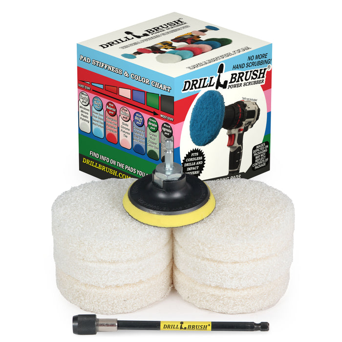 4in White Scrubbing Pads w/ 5in Extension - Soft - Glass & Wood Cleaning | P4-6W-4V-5X-QC-DB